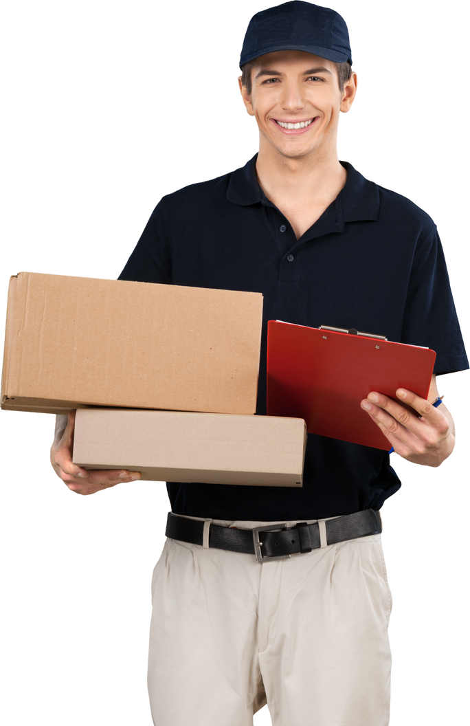 Smiling Deliveryman Holding Boxes and a Clipboard